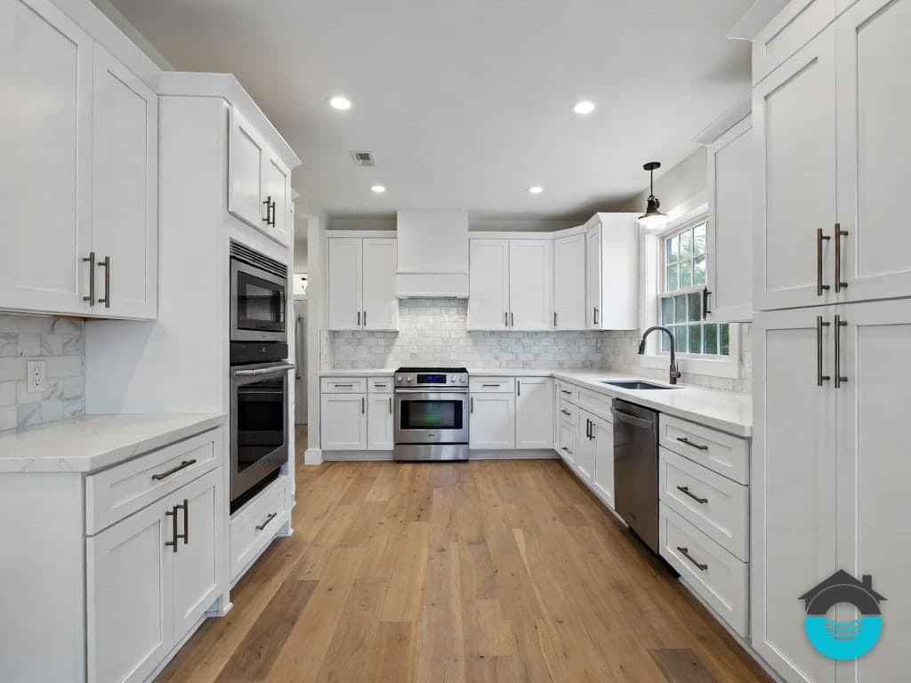 Illustration of a white U-shaped kitchen with stainless appliances and light oak floors